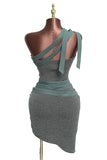 Army Green One Shoulder Buckle Strap Mini Dress