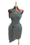 Army Green One Shoulder Buckle Strap Mini Dress