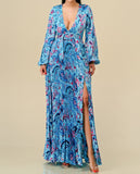 Paisley Print Long Sleeve Maxi Dress