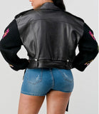 Embroidery Floral Vegan Leather Moto Jacket