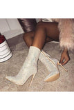 Pointed Rhinestone Boots - Beige
